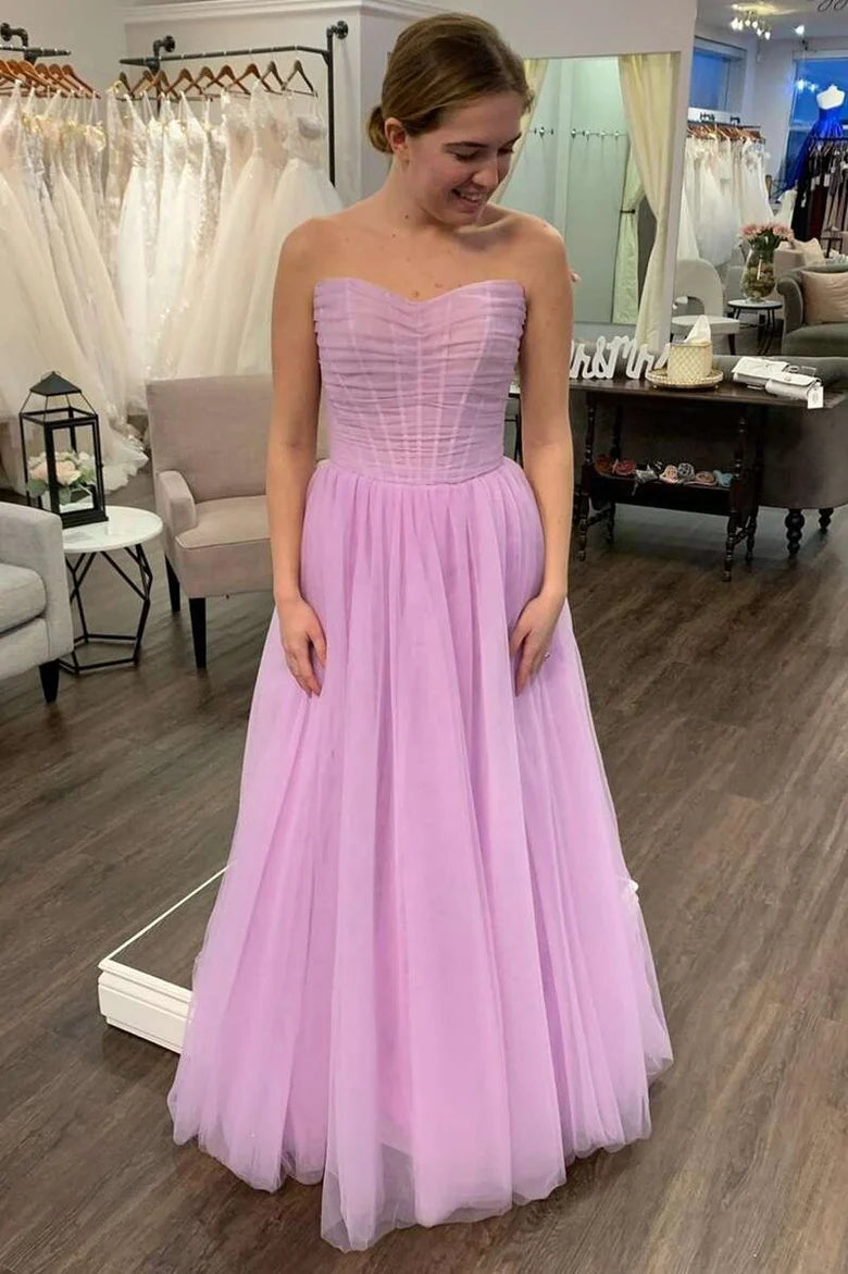 Vestido de fiesta fruncido sin tirantes y corte A